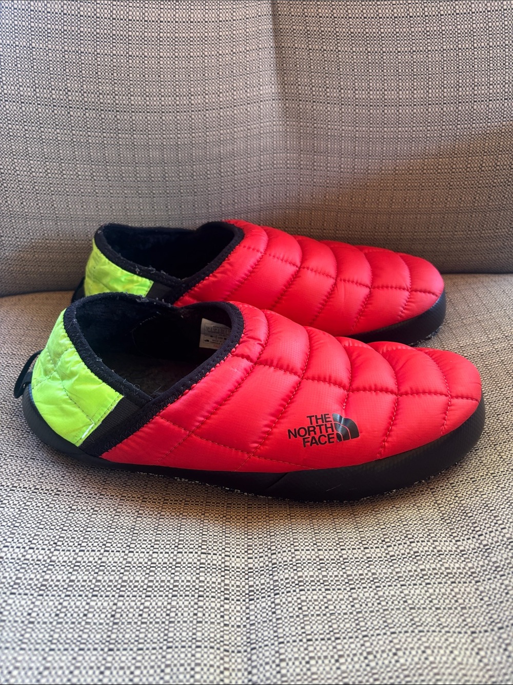 The North Face Men’s Quilted Red Slip-On Slippers with Neon Yellow Heel